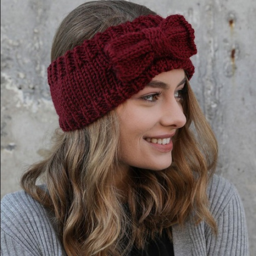 🆕 Burgundy Knit Sweater Bow Headband - Picture 2 of 5